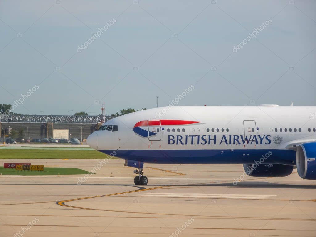 Chicago, Illinois, USA. Oct 17, 2025. A British Airways Boeing 777 taxis on the runway, symbolizing international travel, global connections, and modern aviation.