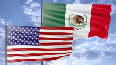 ABD ve Meksika 'nın bayrakları bulutlu gökyüzüne karşı birlikte dalgalanarak uluslararası ilişkileri, ortaklığı ve diplomasiyi simgeliyor..