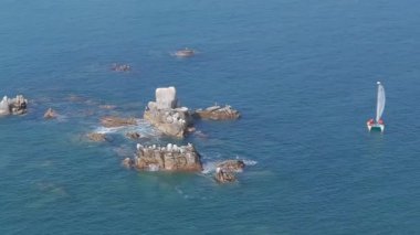 Uçsuz bucaksız mavi denizde, beyaz yelkenli küçük bir katamaranın eşsiz, açık renkli granit kayalardan oluşan bir kümeyi geçişi..