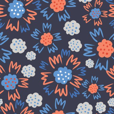 Koyu mavi, tuhaf kırmızı ve mavi çiçekli elementler kusursuz desenli arka plan tasarımı.