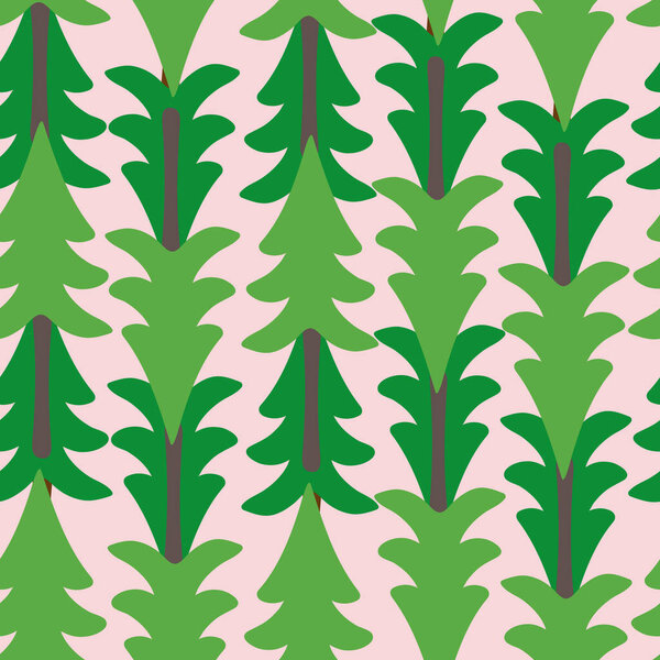 Pink with loose whimsical green overlapping Christmas trees seamless pattern background design.