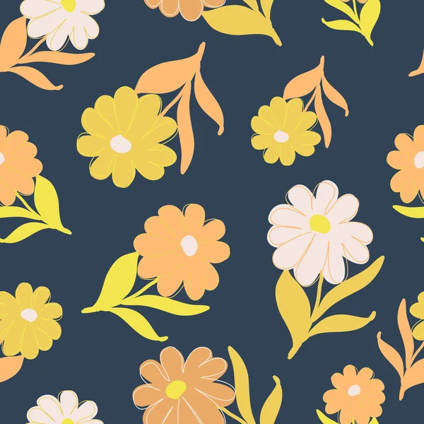 Dark blue with yellow and orange flowers seamless pattern background design. — Διανυσματικό Αρχείο