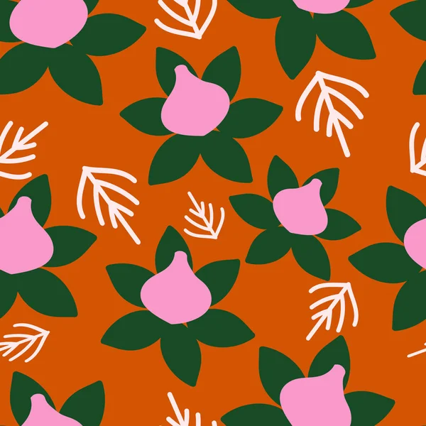 Naranja con flores rosadas y hojas verdes diseño de fondo sin costuras. — Vector de stock