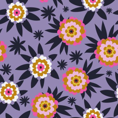 Mor, pembe ve beyaz kaprisli çiçekler ve koyu saçaklarla kusursuz bir arka plan tasarımı..