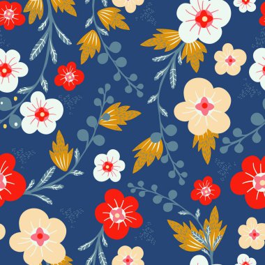 Beyaz, sarı ve beyaz kırmızı çiçekli deniz mavisi. Kusursuz desenli arka plan tasarımı..