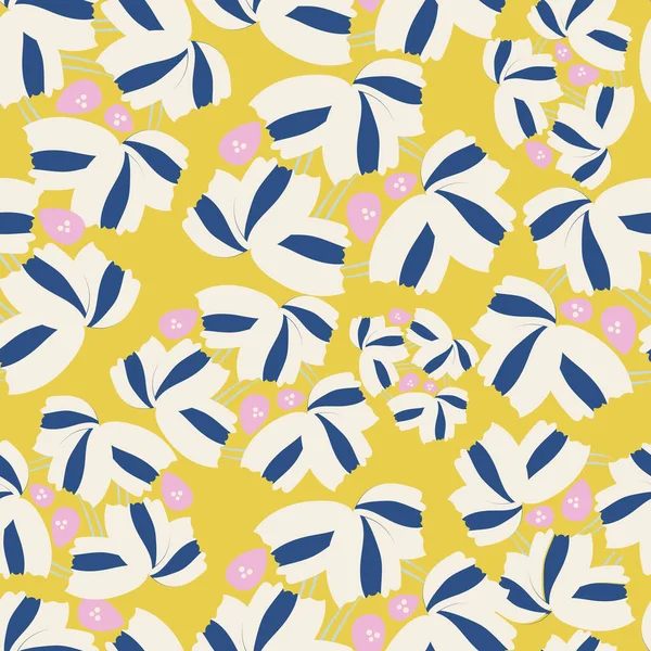 Amarillo con crema clara con rayas azules y formas abstractas rosadas diseño de fondo sin costuras. — Vector de stock