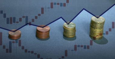 Finans ve iş konsepti için şamdan şeması ve Avrupa sikkeleri çift pozlama