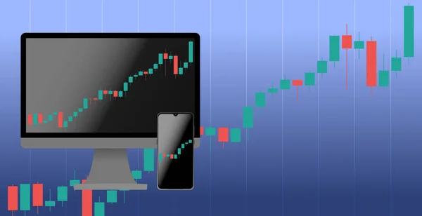 计算机和手机上的经济型股票市场图表 背景上的烛台图 图库图片