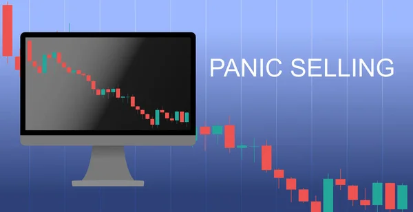 计算机显示上的烛台图 呈下降趋势 经济和商业危机概念 恐慌性销售题词 图库照片