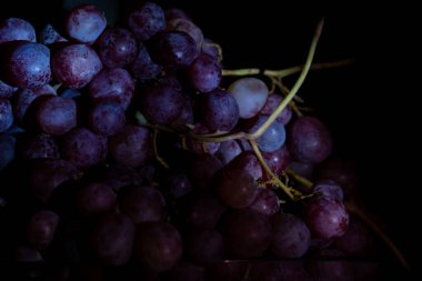 Yakın plan, siyah arka planda izole edilmiş düşük ışıkta koyu üzüm demeti..