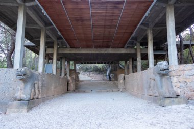 Osmaniye, Turkey, in November 2020: Karatepe-Aslantas Open Air Museum in Hittite stone lion sculpture. clipart
