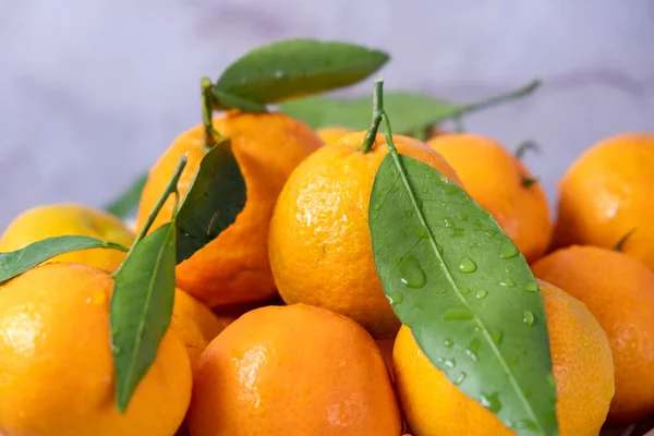 Fresh mandarin oranges fruit or tangerines with leaves on table .Fresh juicy clementine mandarins, winter time fruits