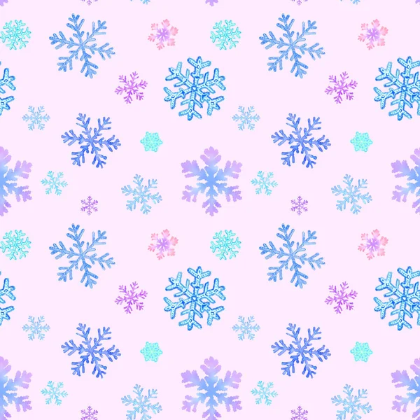 Słodkie Niebieskie Fioletowe Płatki Śniegu Jasnoróżowym Tle Bezszwowym Wzorze Dla — Zdjęcie stockowe