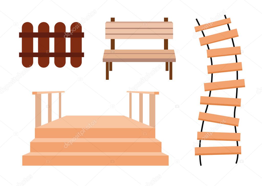 Fence, bench, rope ladder and porch with stairs