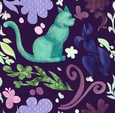 Kusursuz desenli, desenli çiçekler, pastel kediler ve kelebekler.