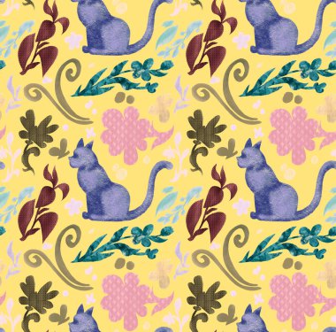 Kusursuz desenli, desenli çiçekler, pastel kediler ve kelebekler.