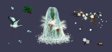 Güzel bir Asya doğası seti: şelale, vinç, eğrelti otu, çiçek açan kiraz ağacı ve çiy damlaları.