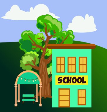 Şirin bir kırsal okul ve nane yeşili ve kahverengi oyuk renkleri.