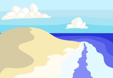 Çizgisiz, güzel bir plaj. Vektörler okyanus kıyısı, deniz köpüğü, mavi dalgalar, bulutlu gökyüzü. Kum tepeleri ve suyla huzurlu bir manzara..