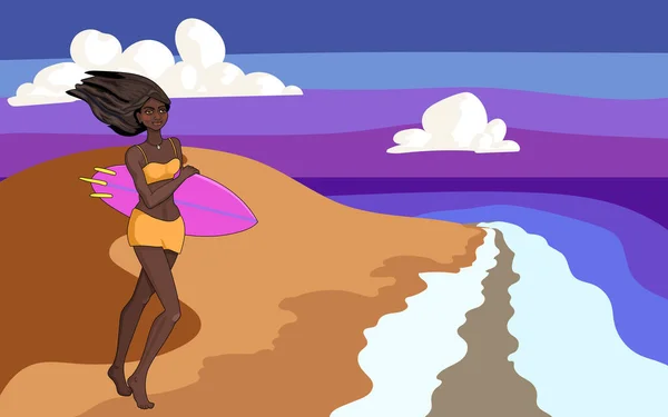 非洲裔美国冲浪女孩在热带海岸 海滩夏夜 一个女冲浪运动员的美丽的黑色皮肤 海滨的运动和乐趣 短板水上运动 — 图库矢量图片