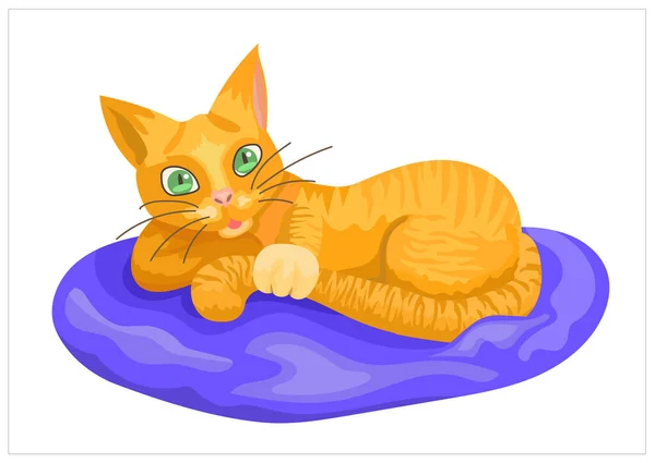 Cute Ginger Red Cat Green Eyes Holding Her Tail Lying — Stock Vector