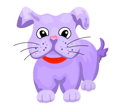 A cute purple american bull dog puppy wearing a red collar. Funny dog in cartoon style clipart svg vector 