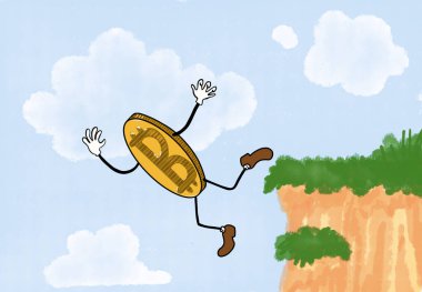 Bitcoin düştü. Dijital para biriminin karikatür stili metaforu düşüyor. Kolları ve bacakları dipsiz kuyuya düşen komik bir altın bitcoin. 