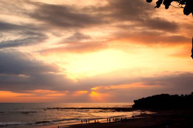 Tropikal cennette okyanusun üzerinde güzel bir günbatımı. Güneş altın saatinde parlıyor, bulutlar, kaya ve ağaçların siluetleri, denizdeki güneş ışınlarının yansıması. Huzur, huzur ve özgürlük okyanus kıyısında