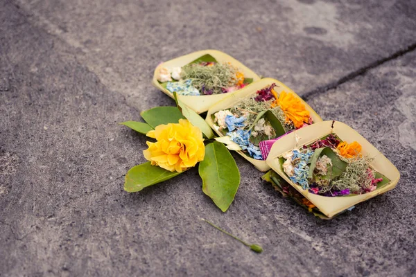 Offerings Lower Gods Ground Hand Made Baskets Flowers Food Leaves Stock Picture