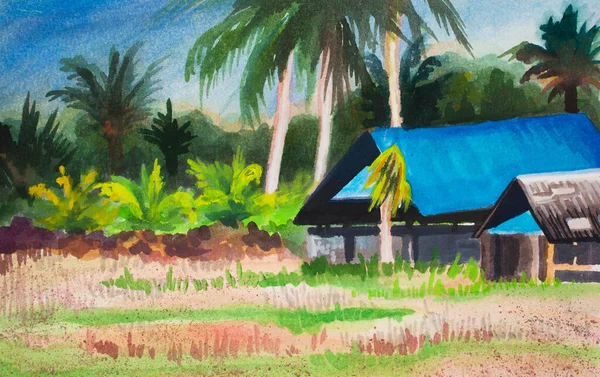 Bright Blue Roof Country House Paddy Rice Field Palm Tree — Stock Fotó