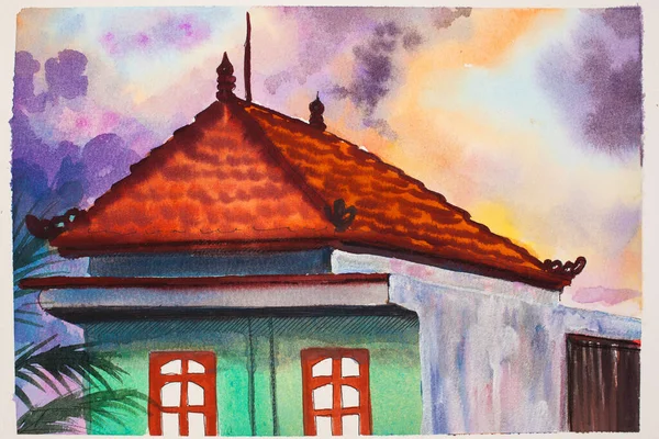 亚洲风格的房子和日落的明亮水彩画 城镇热带黄昏的手工绘制的水彩画 — 图库照片