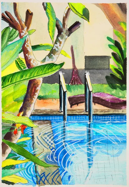 Bright Tropical Scenery Swimming Pool Frangipani Trees Watercolor Sketch Out — Stock Fotó