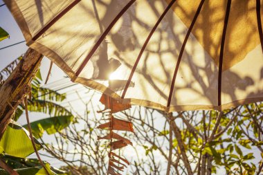 Sabahları tropik bir cennette sarı güneş şemsiyesi üzerinde ağaç gölgeleri olan güzel bir manzara. Yaz tatilinin ve tropik bölgelerde gezinin tadını çıkarın. Pamuk kumaşında hafif bir güneş ışığı..