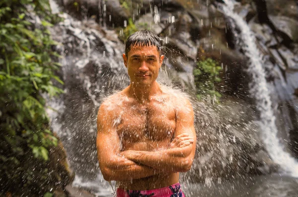 Handsome Fit Brunet Man Smiling Standing Shower River Waterfall Mountains — Stock Photo, Image