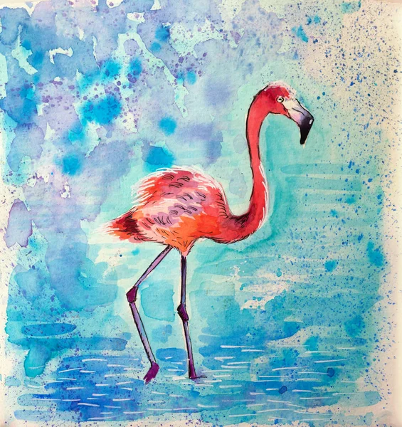 A hand drawn flamingo on a blue lake. Watercolour. — Stock Photo, Image