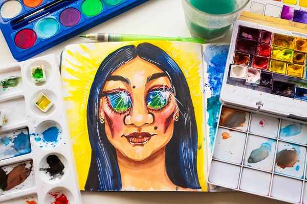 Watercolor mexican girl with nature in her eyes. — Stock Photo, Image