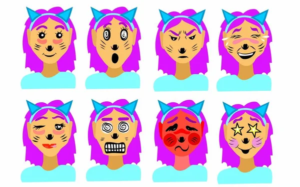 Emoji cantik gadis kucing dengan rambut merah muda. Emosi - Stok Vektor