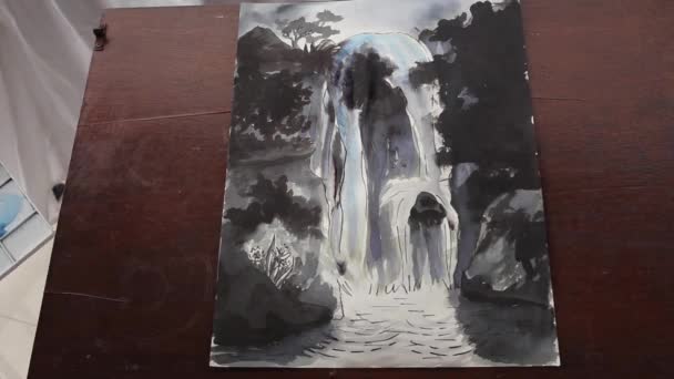Kunstenaar gieten water en verf op waterval stroom — Stockvideo