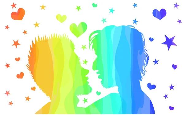 Gay couple about to kiss. Rainbow stars and hearts — Stock Vector