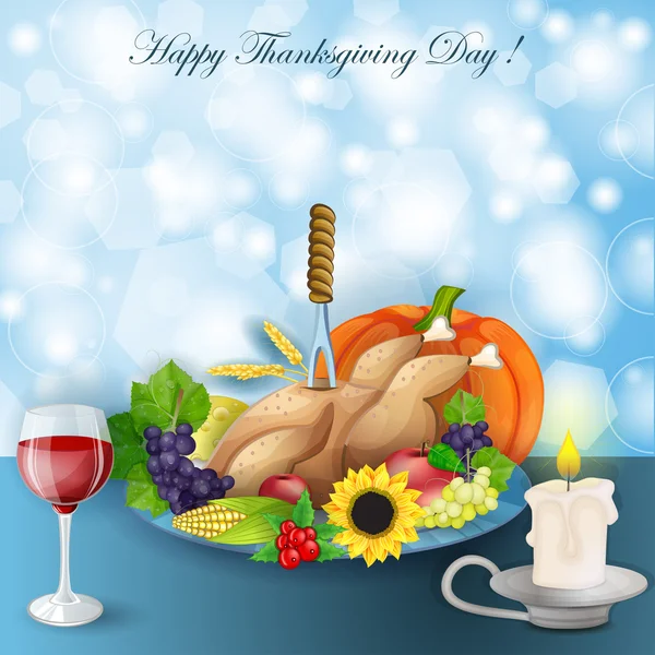 Illustratie van Turkije, fruit en wijn in thanksgiving diner — Stockfoto