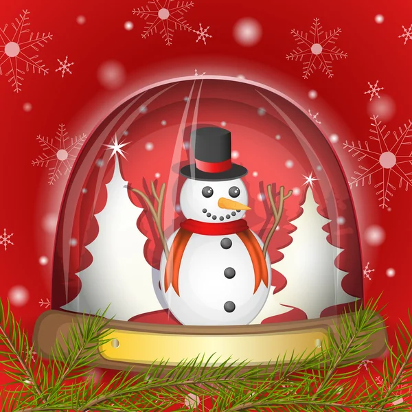 Snowman in the glass globe over red background — Stock Photo, Image