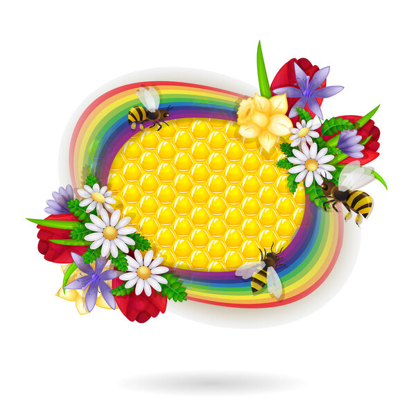 Spring flowers and bee over honeycombs and rainbow background