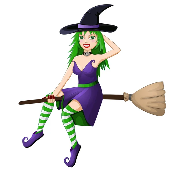 Beautiful green haired witch flying on a broomstick isolated on white background — Stock Photo, Image