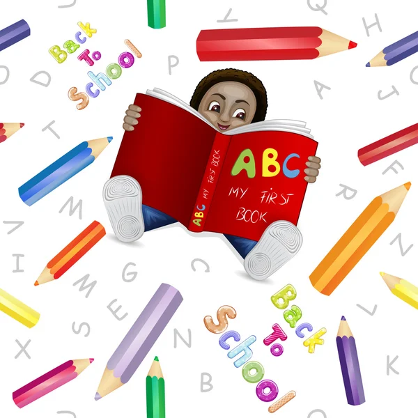Lectura niño con patrón de lápices de colores — Foto de Stock