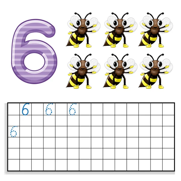 Nummer 6 met zes bijen — Stockvector