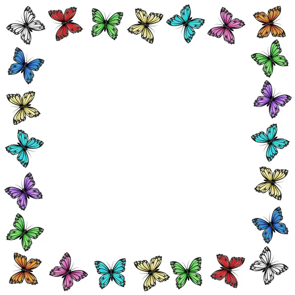 Marco de mariposas multicolores en blanco — Vector de stock