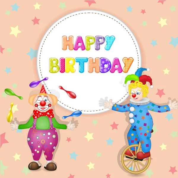 Gelukkige verjaardagsgroeten. schattig gelukkige verjaardagskaart met leuke clowns — Stockvector