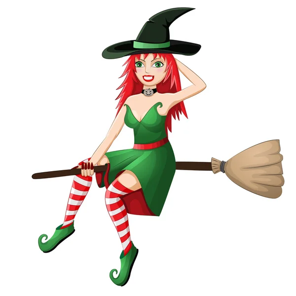 Beautiful red haired witch flying on a broomstick isolated on white background — Stock Vector