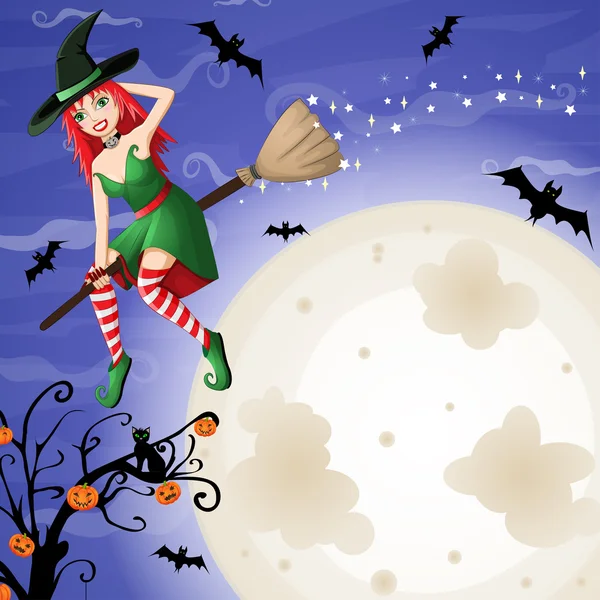 Tarjeta de Halloween con sexy bruja pelirroja volando sobre la luna — Archivo Imágenes Vectoriales