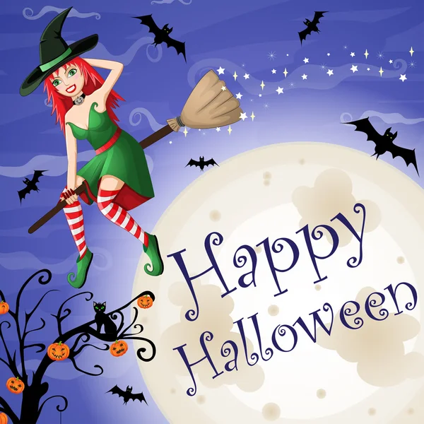 Halloween card with sexy red-haired witch flying over moon — Stock Vector